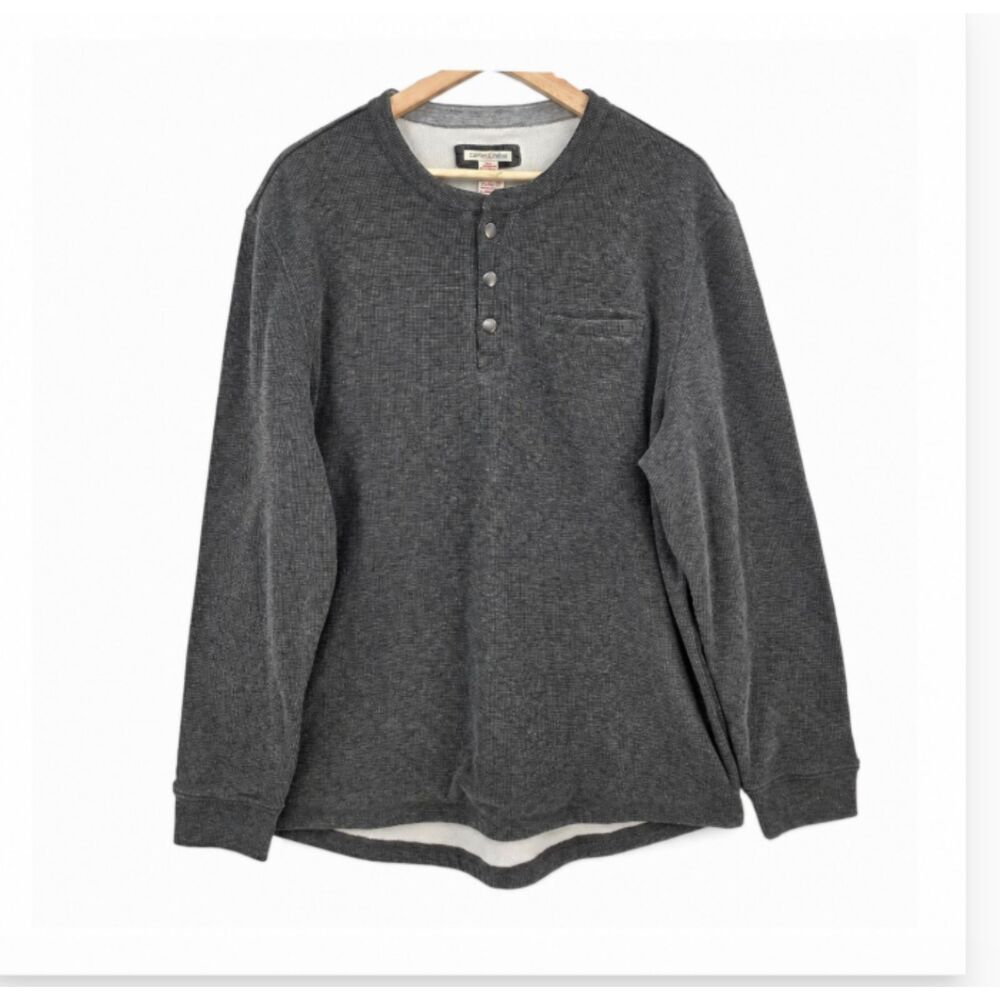 Carbon2Cobalt Mens L Fleece Lined Gray Waffle Knit Long Sleeve Henley Shirt